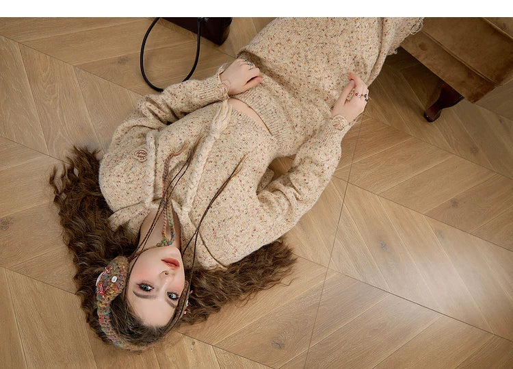 Textured Hooded Knit Sweater & Long Knit Skirt Setup