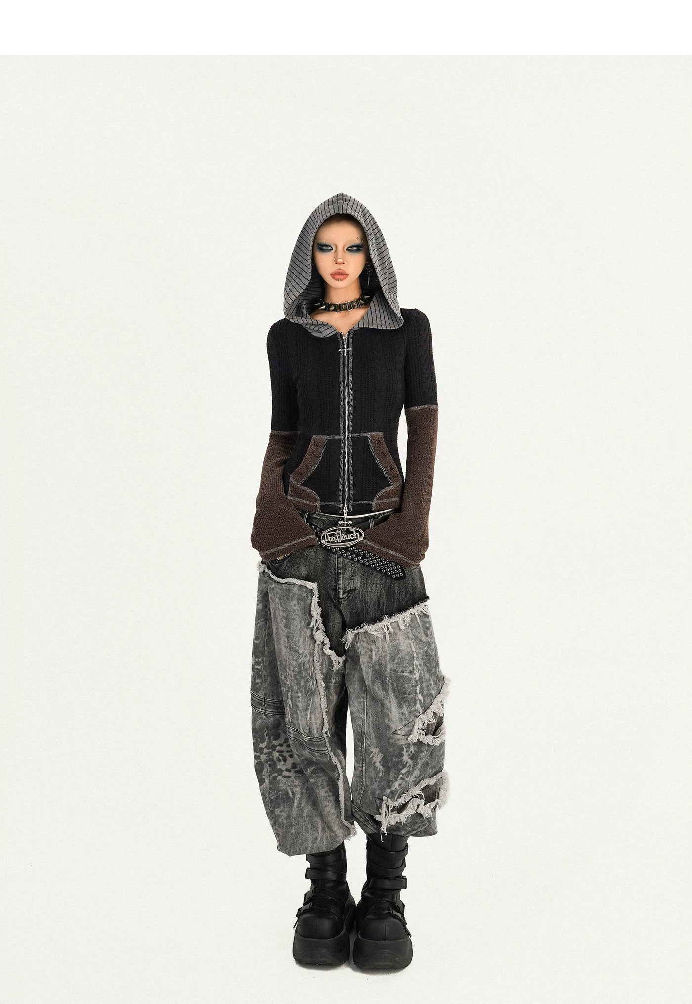 Fake Layered Heavy Craft Raw Hem Wide Leg Denim Jeans