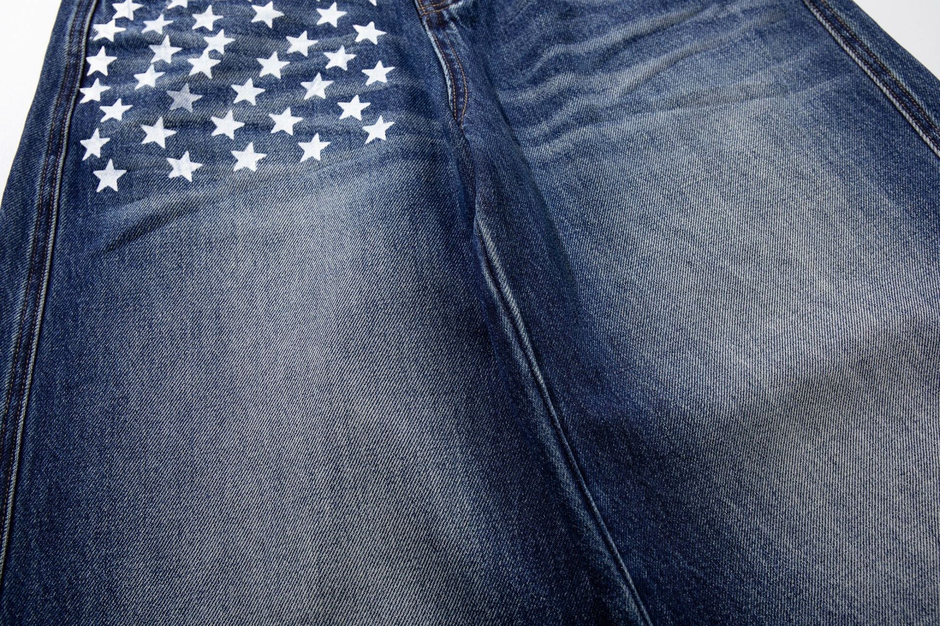 Star Print Curved Wide Leg Denim Jeans