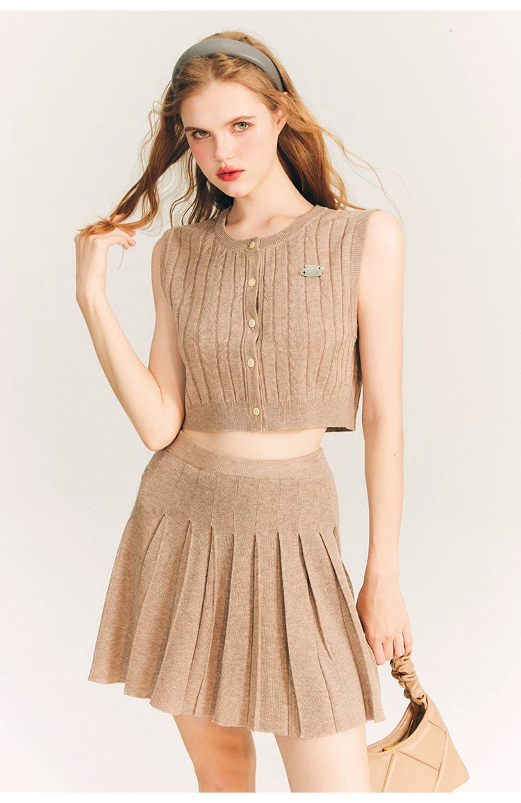Button Knit Vest & Knit Pleated Skirt Setup