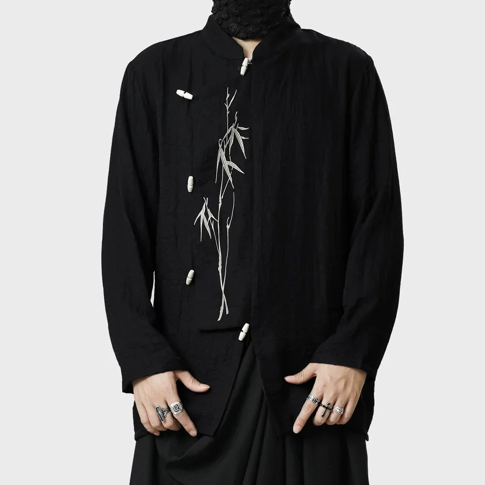 Standing-Collar Asymmetrical Embroidery Long Sleeve Shirt