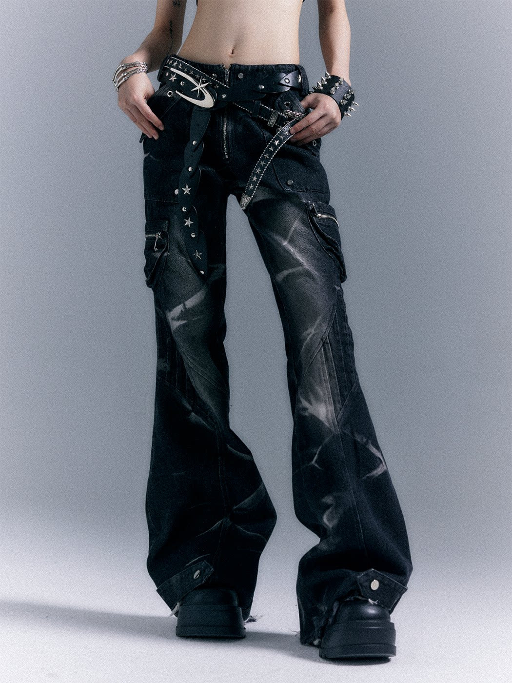 Low-Waist Studs Washed Flare Denim Jeans