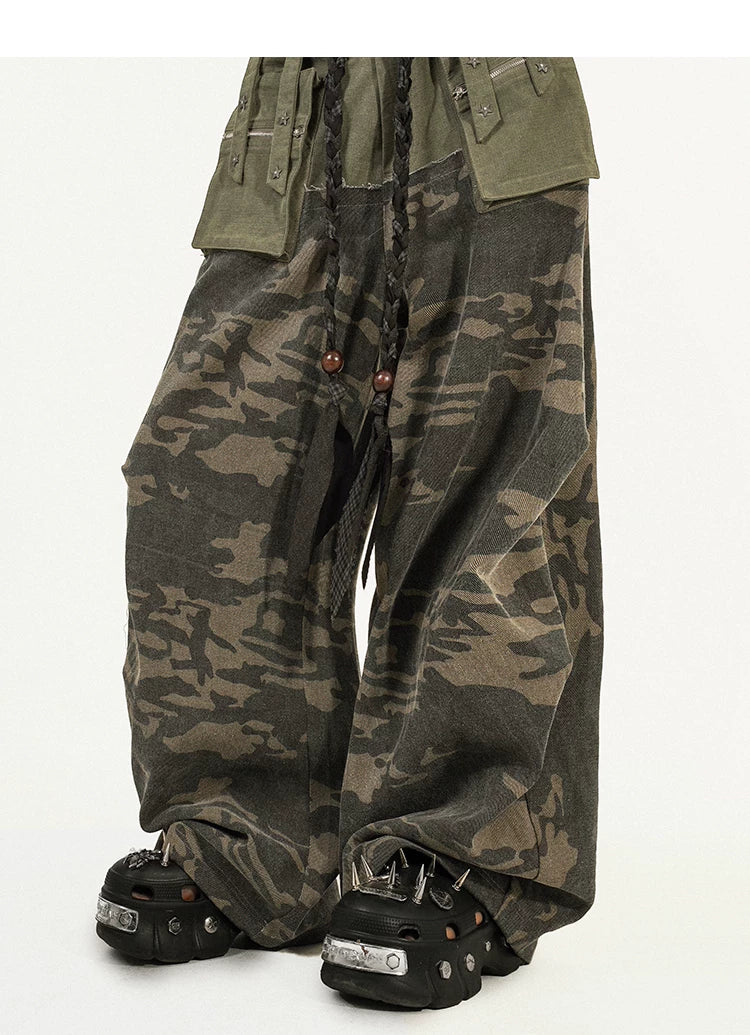 Heavy Craft Camouflage Multi-Pocket Wide Leg Cargo Pants