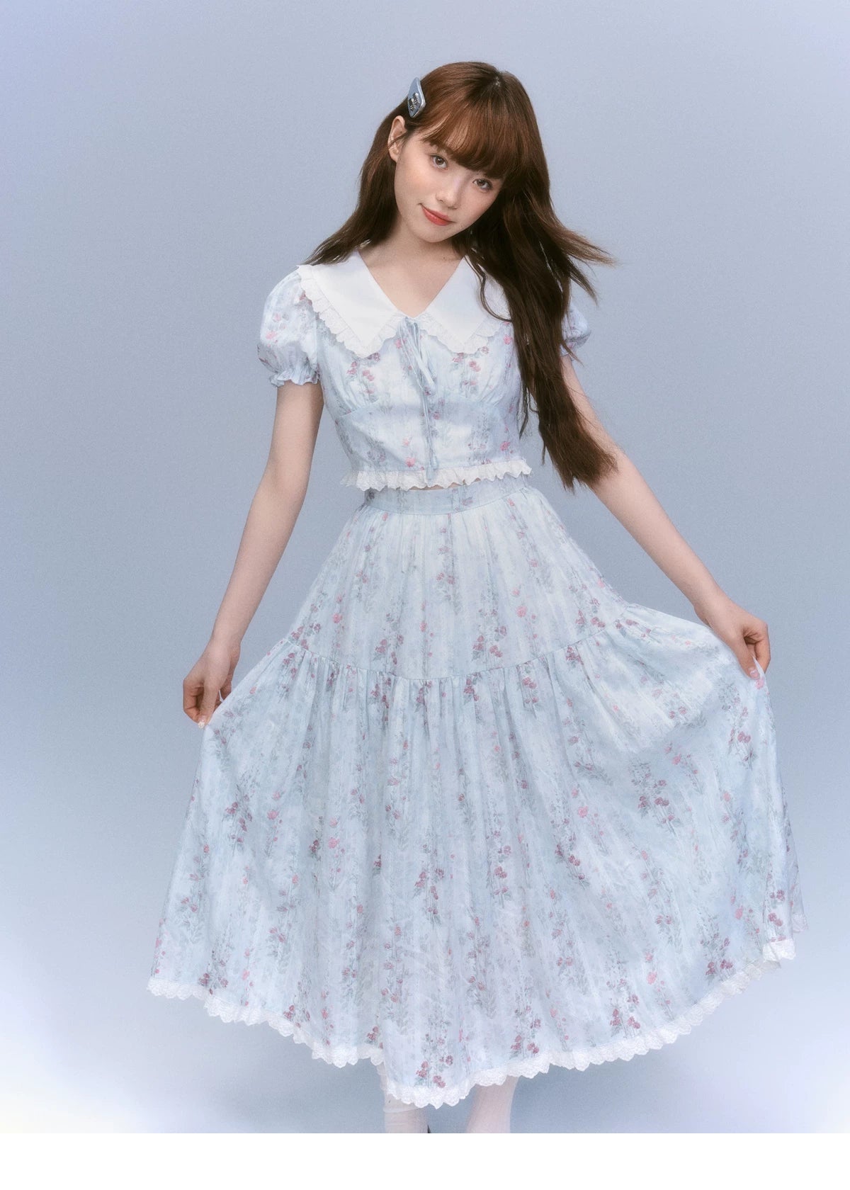 Floral-Print Blouse & Lace Trim Flared Skirt Setup
