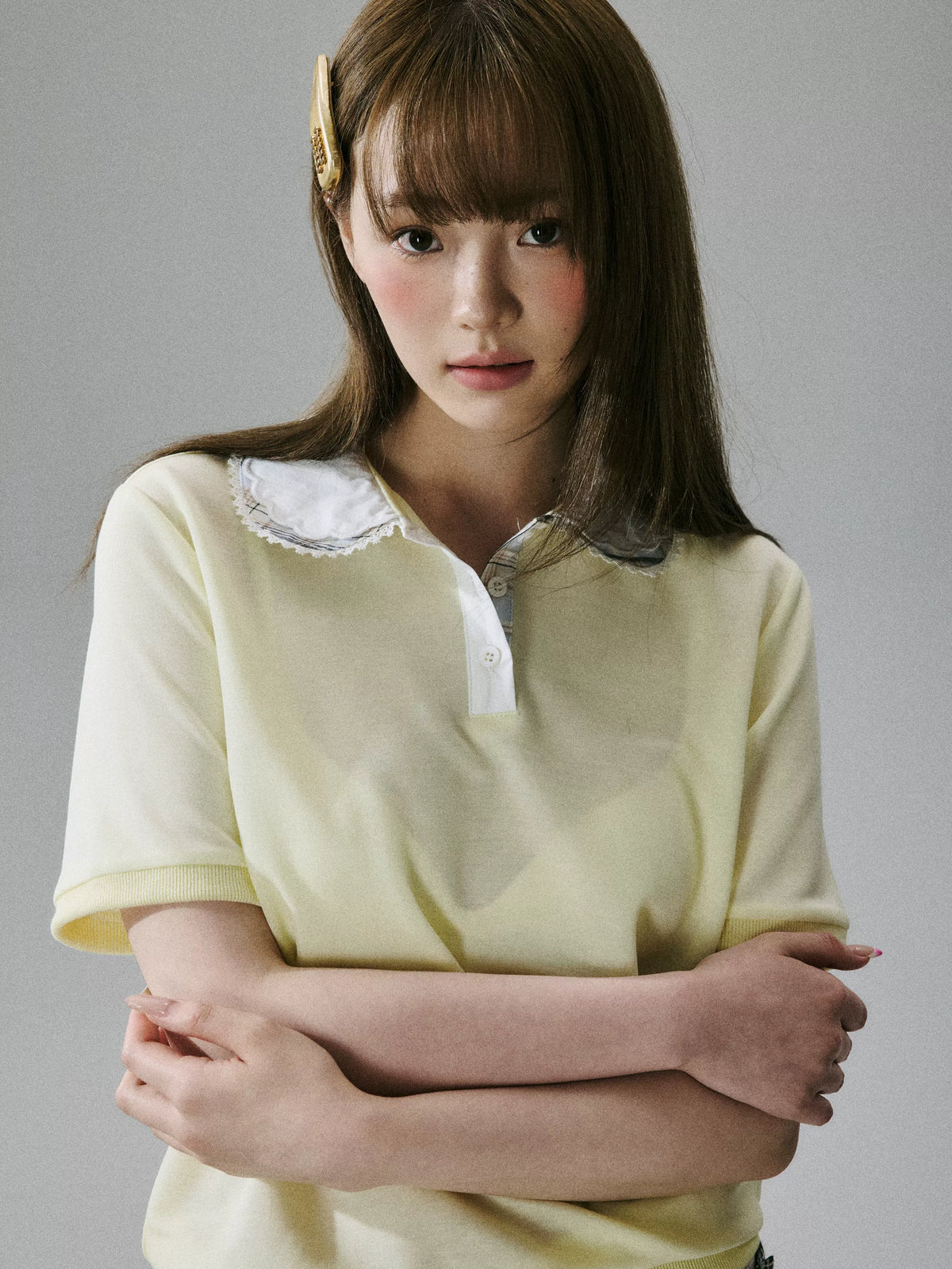 Lace Collar Short Sleeve Polo Shirt