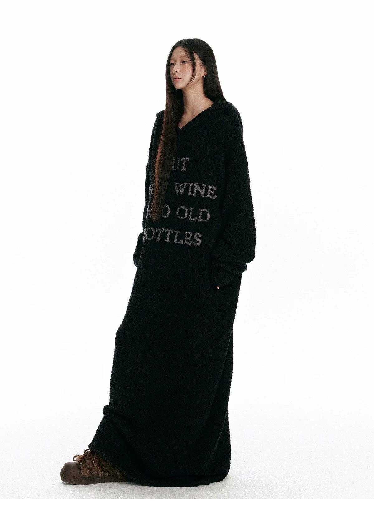 Fuzzy Hooded Knit Over-Knee Robe Dress