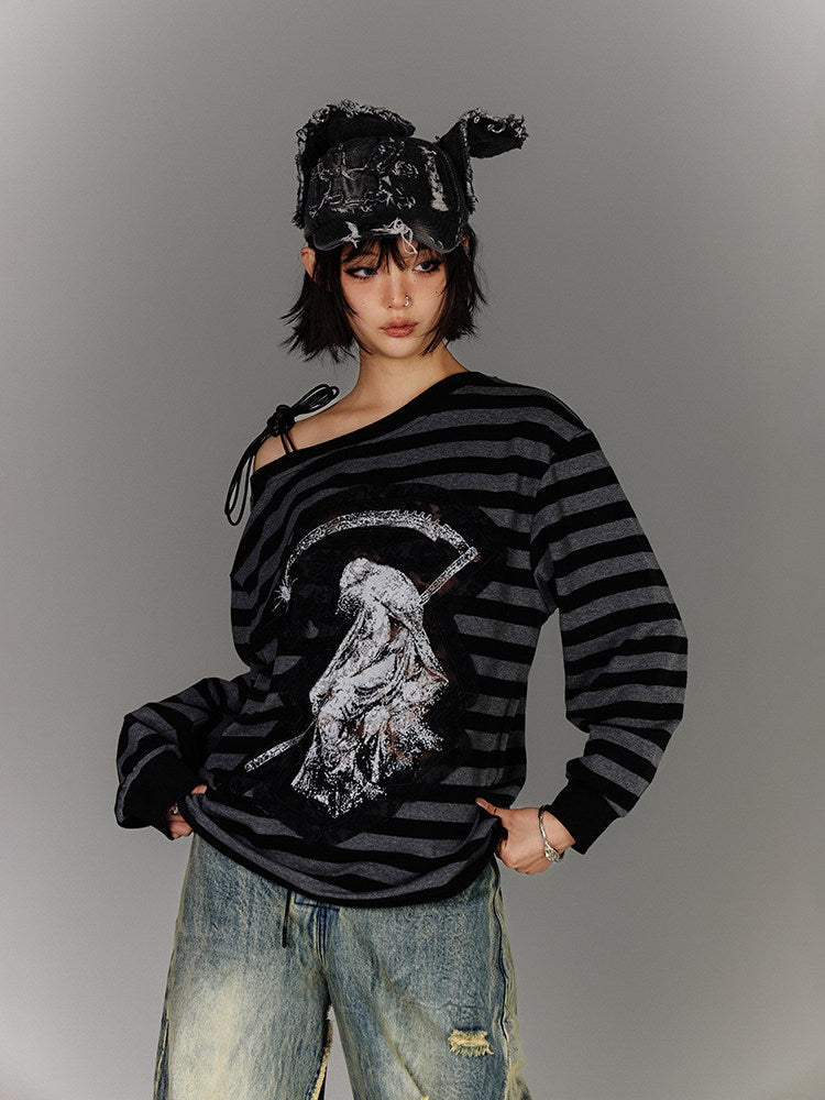 Off-Shoulder Drawstring Stripe Oversize Long Sleeve T-Shirt