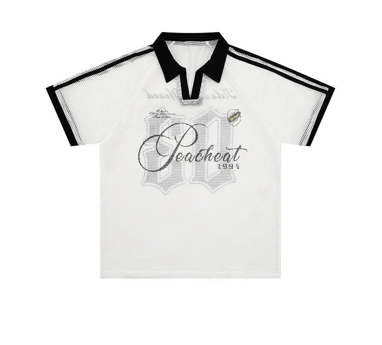 White polo shirt with black mesh sleeves and collar on a white background