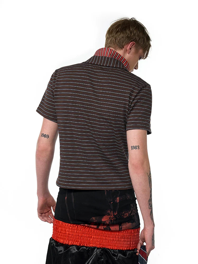 Fake Layered Stripe Zipper Short Sleeve Polo Shirt