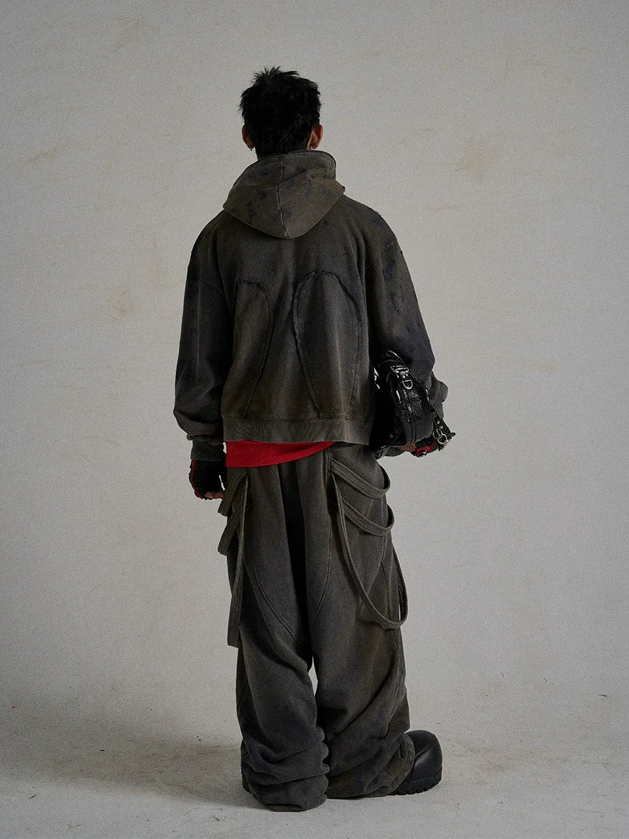 Washed Double Zipper Hoodie &Wide Leg Washed Sweatpants Setup