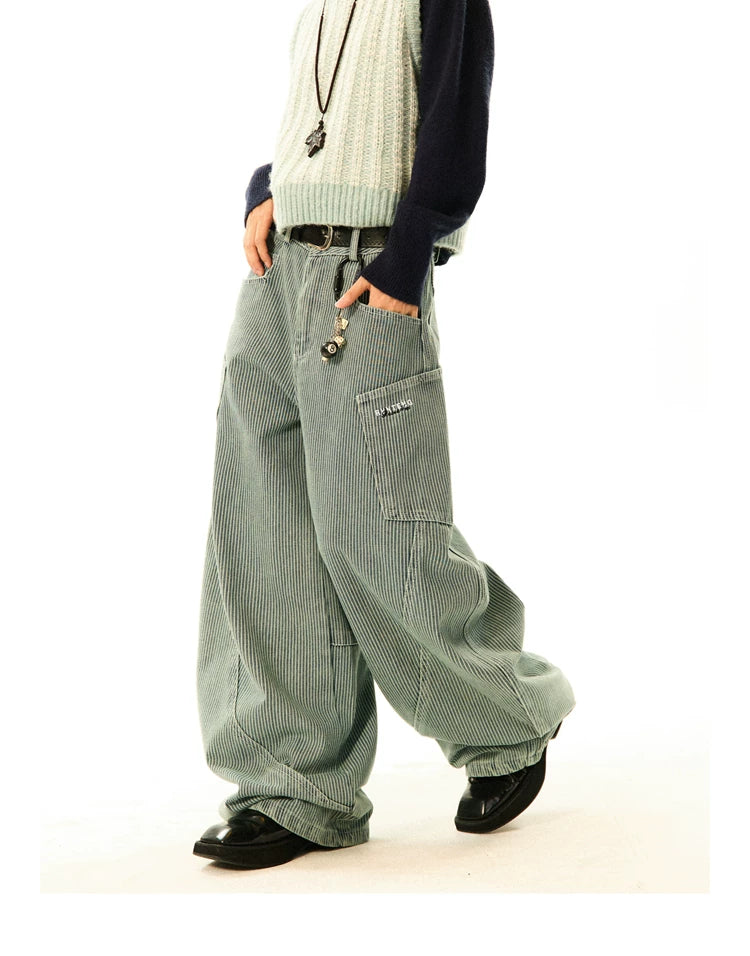 Stripe Pattern Wide Leg Denim Jeans