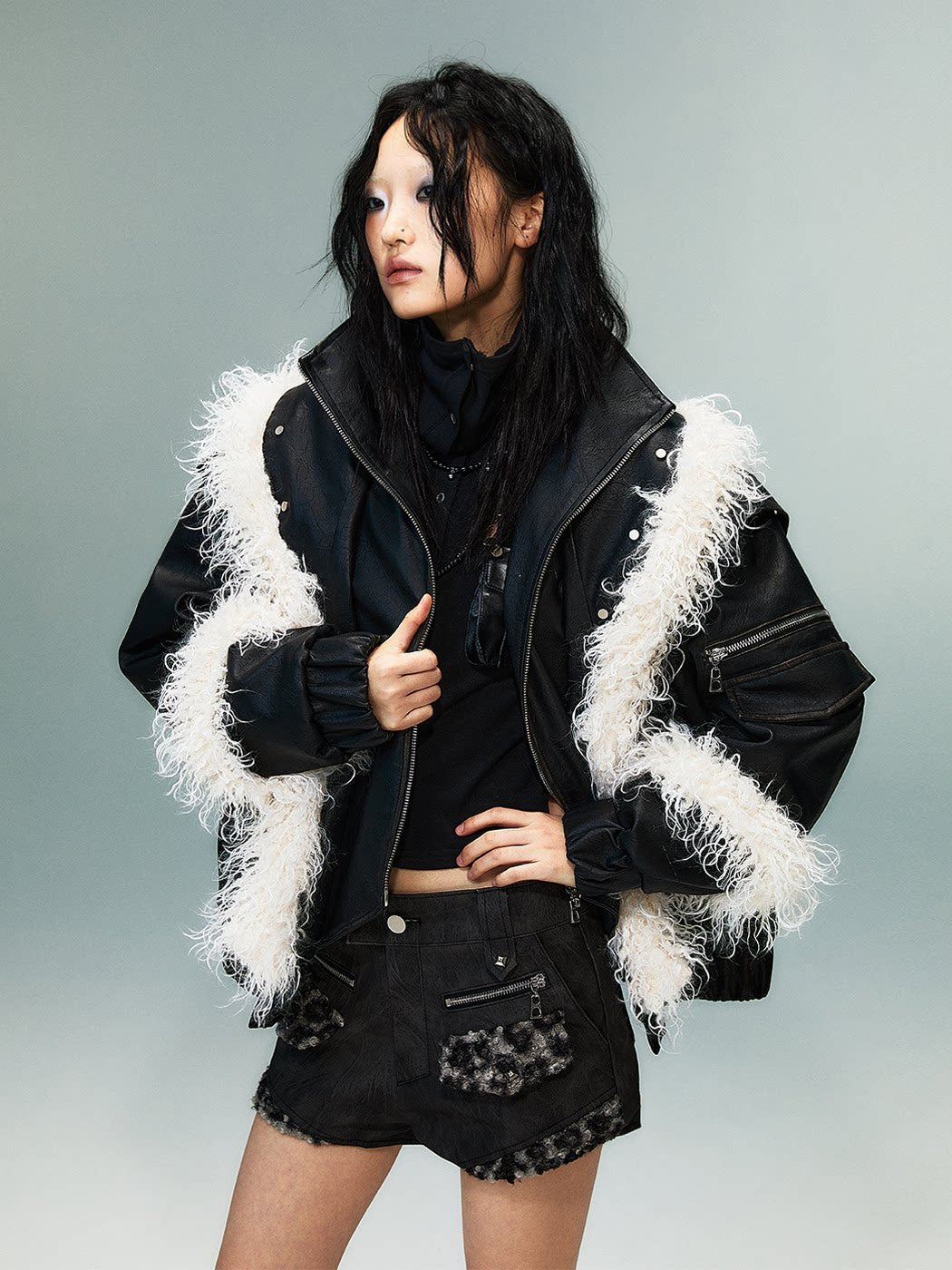 Fake Layered Washed Thickened PU Leather Padded Short Jacket