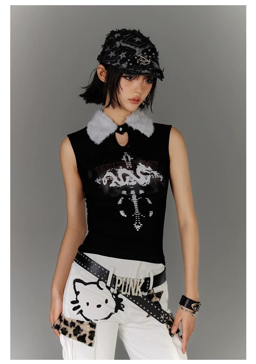 Fake Fur Collar Ribbed Graphic Print Sleeveless T-Shirt