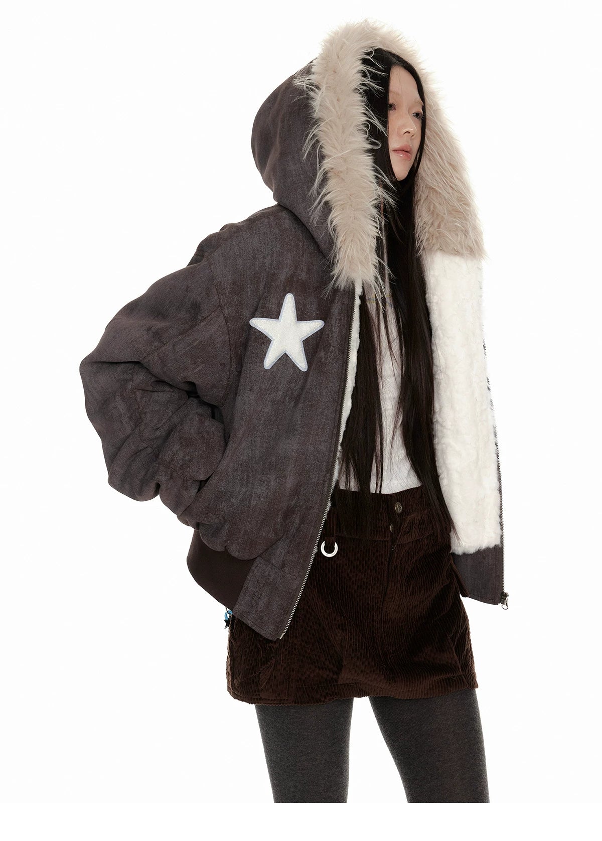 Fur Trim Patchwork Hooded Puffer Jacket