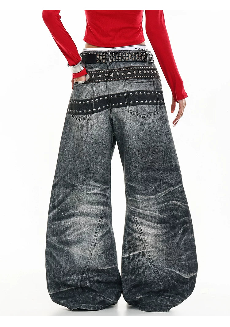 Butterfly Double Waistband 3D Print Wide Leg Denim Jeans