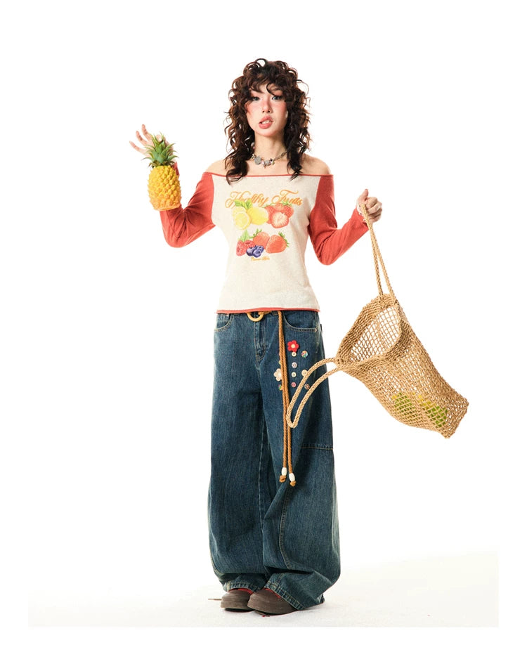 Fruit Graphic Print Off-Shoulder Fitted Long Sleeve T-Shirt