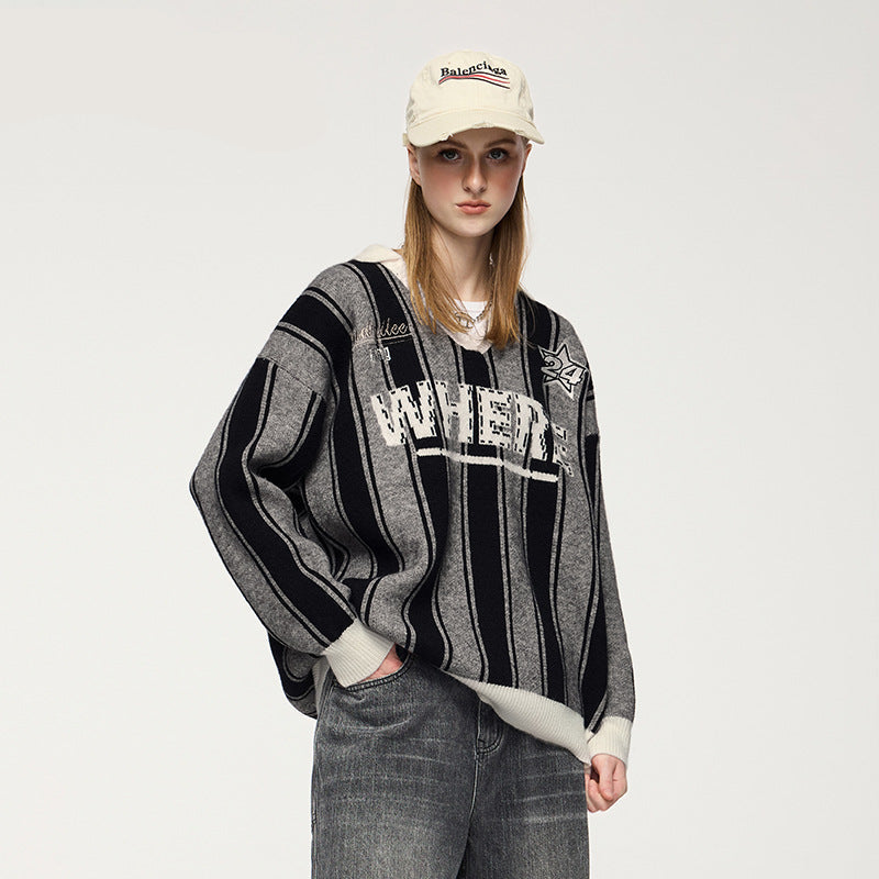 Suéter de punto holgado retro a rayas unisex
