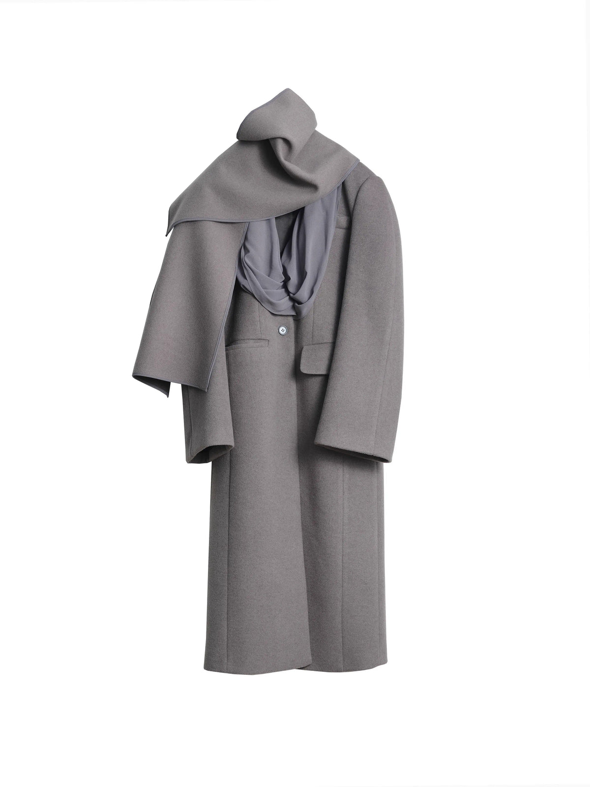 Collar Design Wool Long Coat With Scarf
