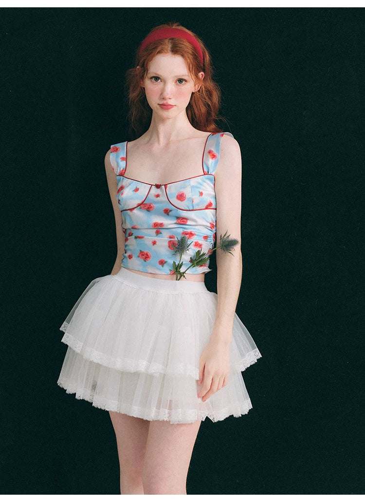 Hand Painted Rose Floral Camisole & Short Skirt Setup
