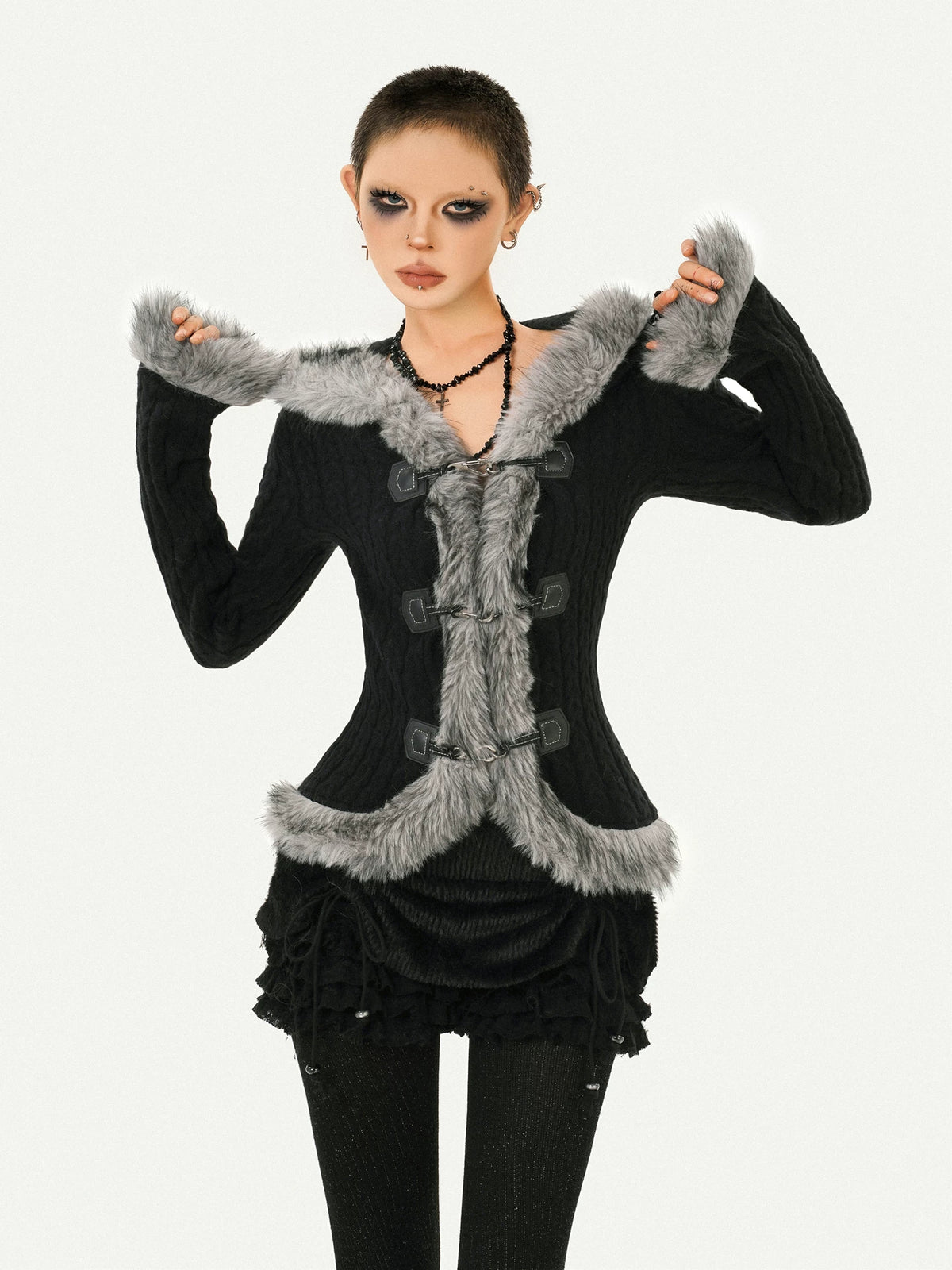Hooded Fur Collar Fitted Knit Cardigan