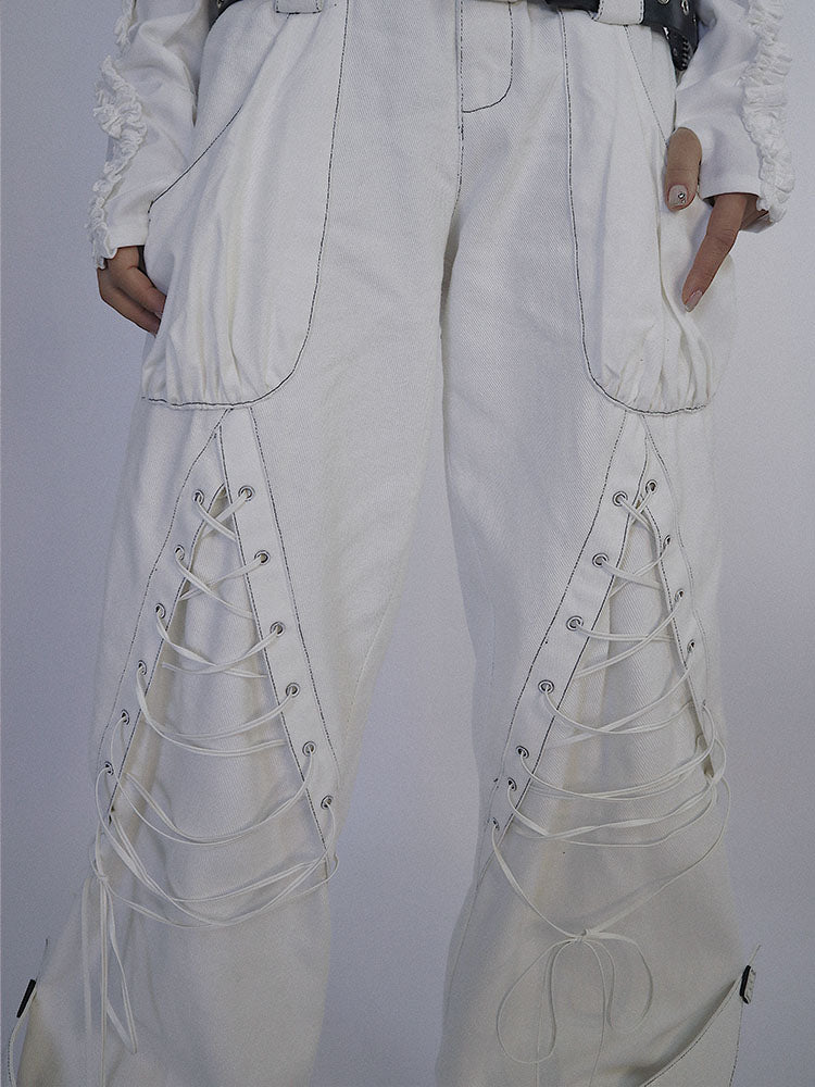 Tie-Strap Double-Waist Wide Leg Denim Jeans & Belt