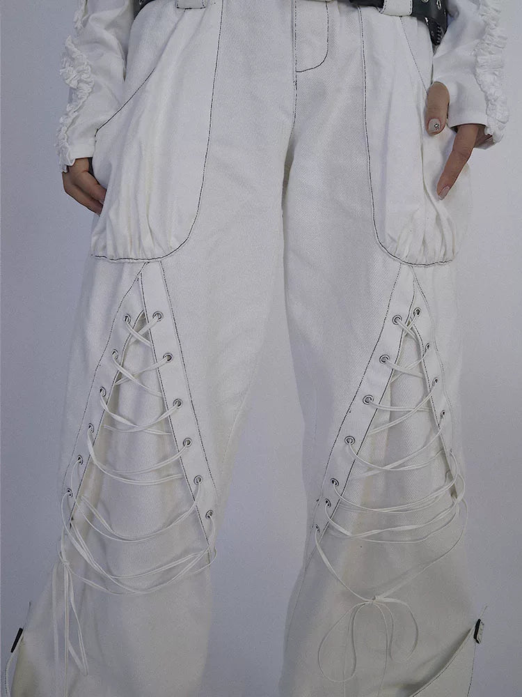 Tie-Strap Double-Waist Wide Leg Denim Jeans & Belt