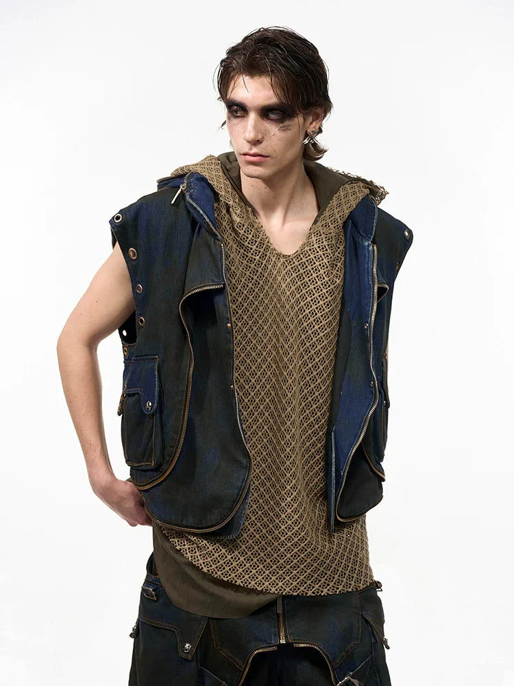 Hooded Wash Denim Vest & Cargo Short Setup