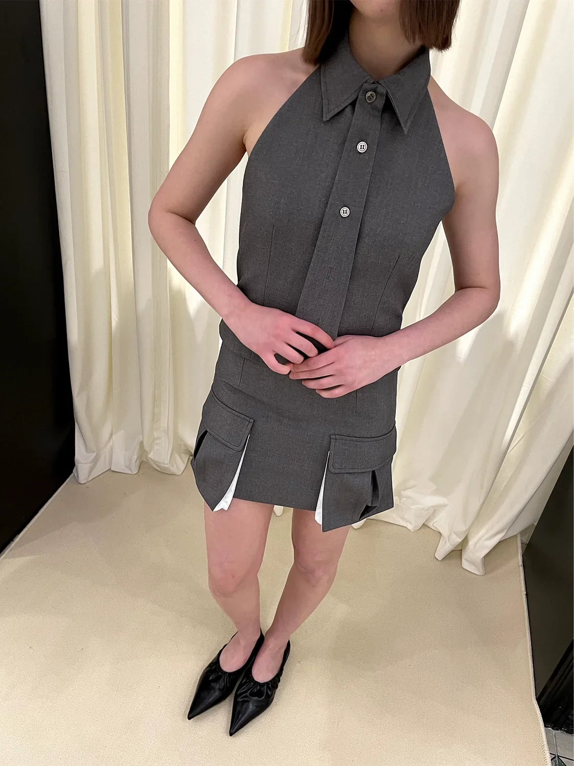 Polo Collar Tie Sleeveless Top & Large Pocket Short Skirt Setup