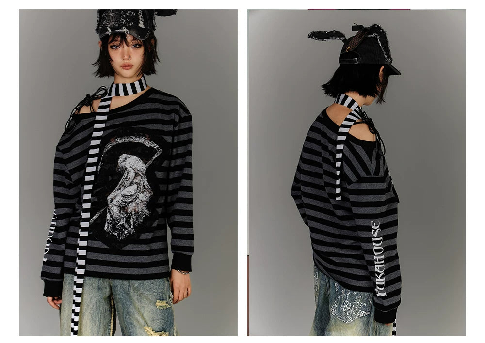 Off-Shoulder Drawstring Stripe Oversize Long Sleeve T-Shirt