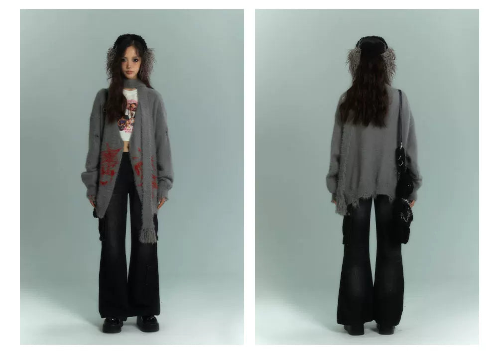 V-Neck Fake Mink Damage Zipper Knit Cardigan