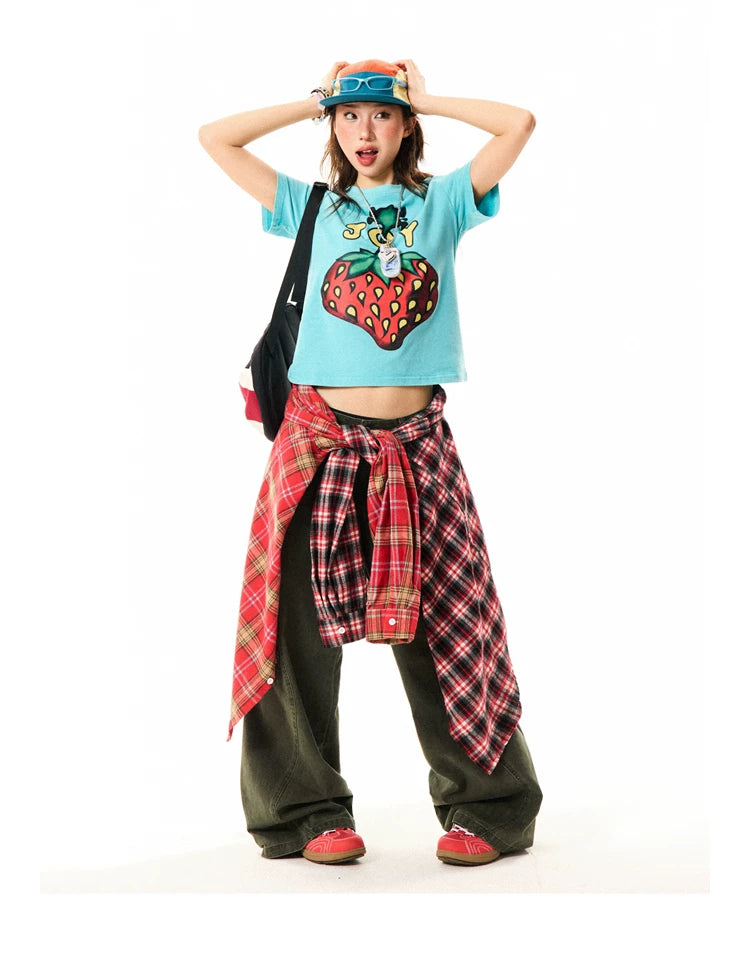 Strawberry Print Cropped Short Sleeve T-Shirt