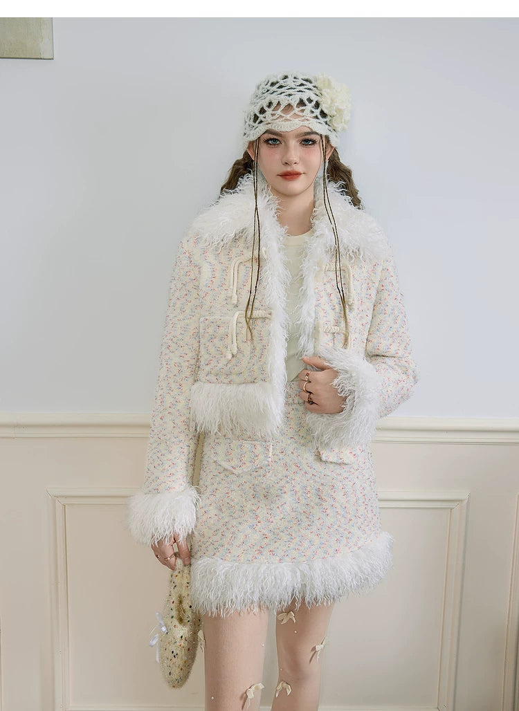 Textured Fake Fur Short Skirt & Jacket Setup