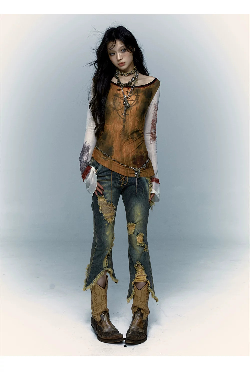 Damage Asymmetric Flare Denim Jeans