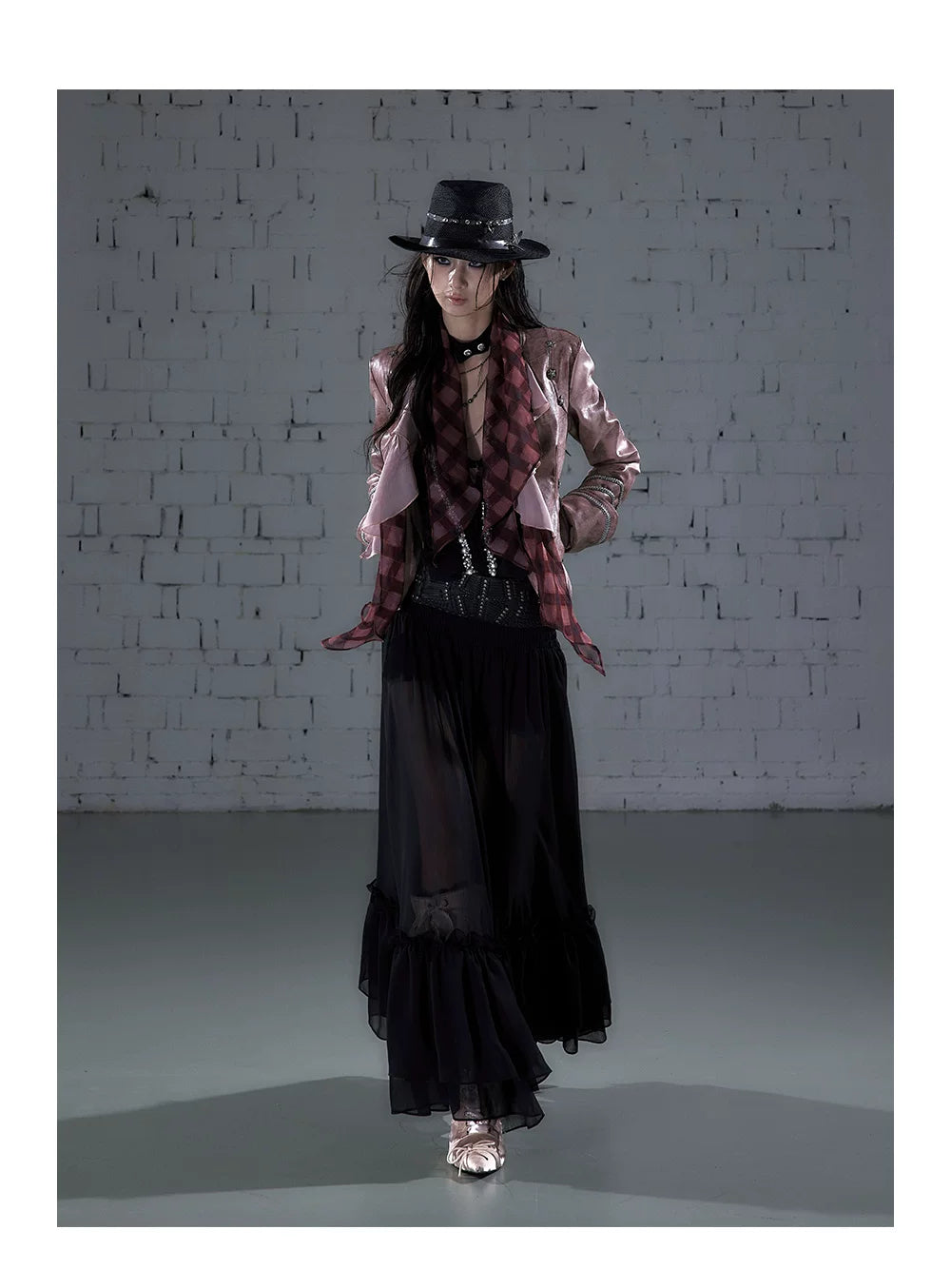 Ruffle Tie-Neck Slim Fit Long Sleeve Shirt