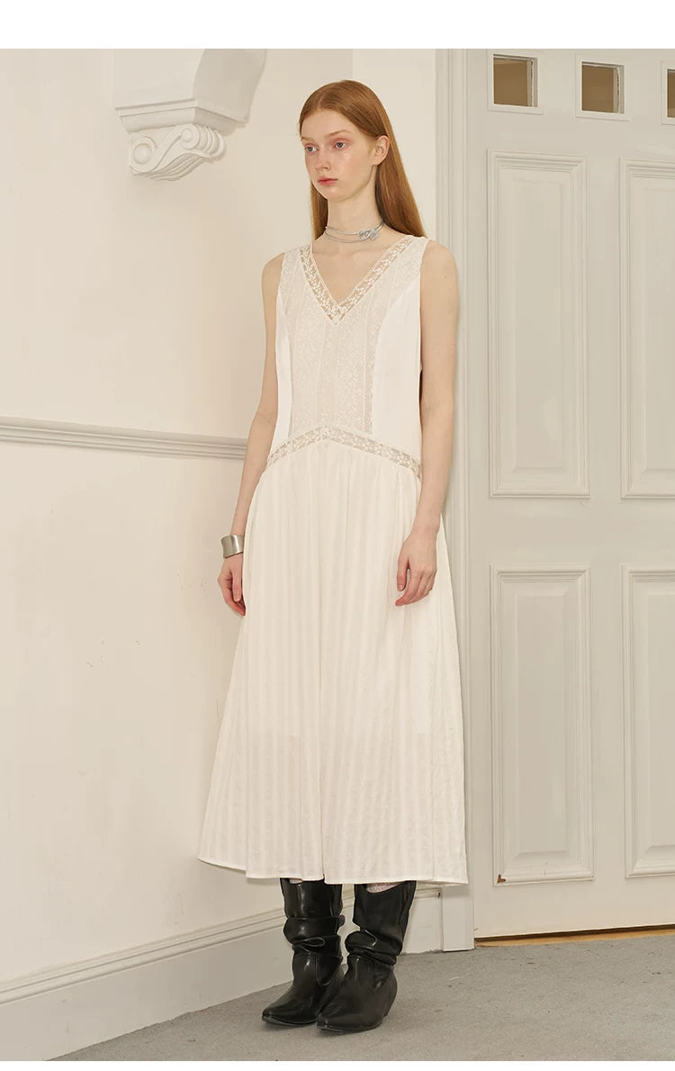 V-Neck Lace Stripe Splicing Sleeveless Long Dress