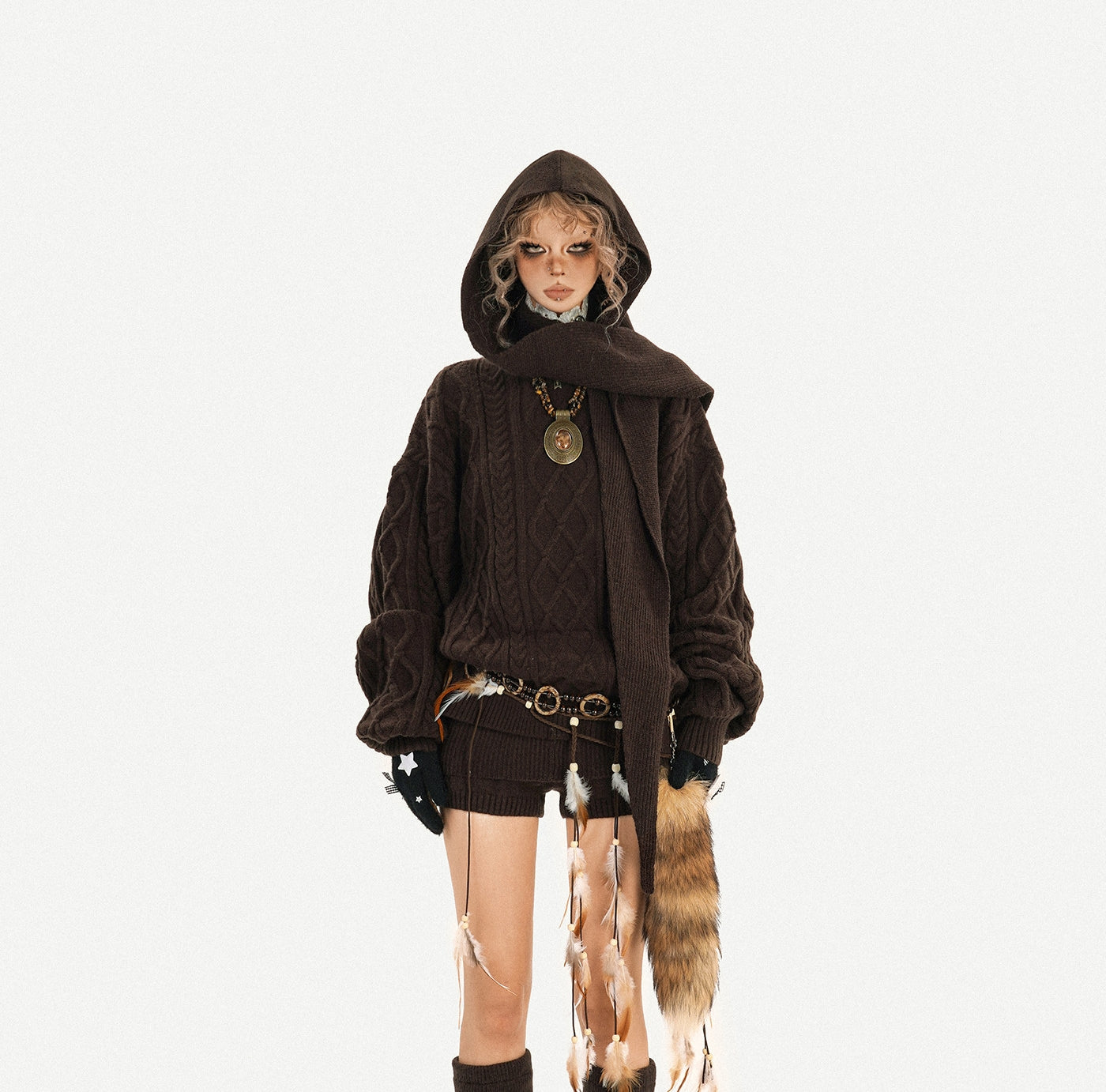 Oversize Knit Sweater & Low Waist Knit Short Pants & Shawl & Leg Warmers Setup