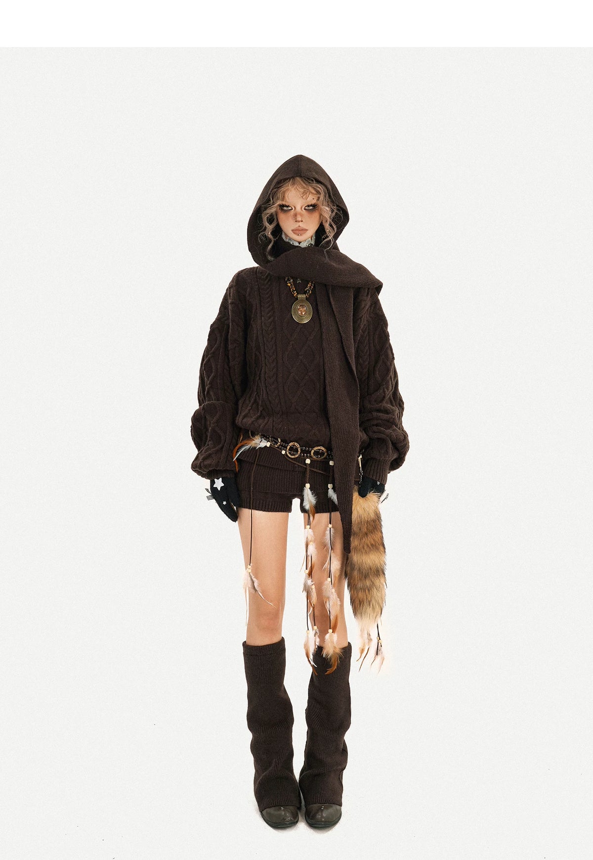 Oversize Knit Sweater & Low Waist Knit Short Pants & Shawl & Leg Warmers Setup