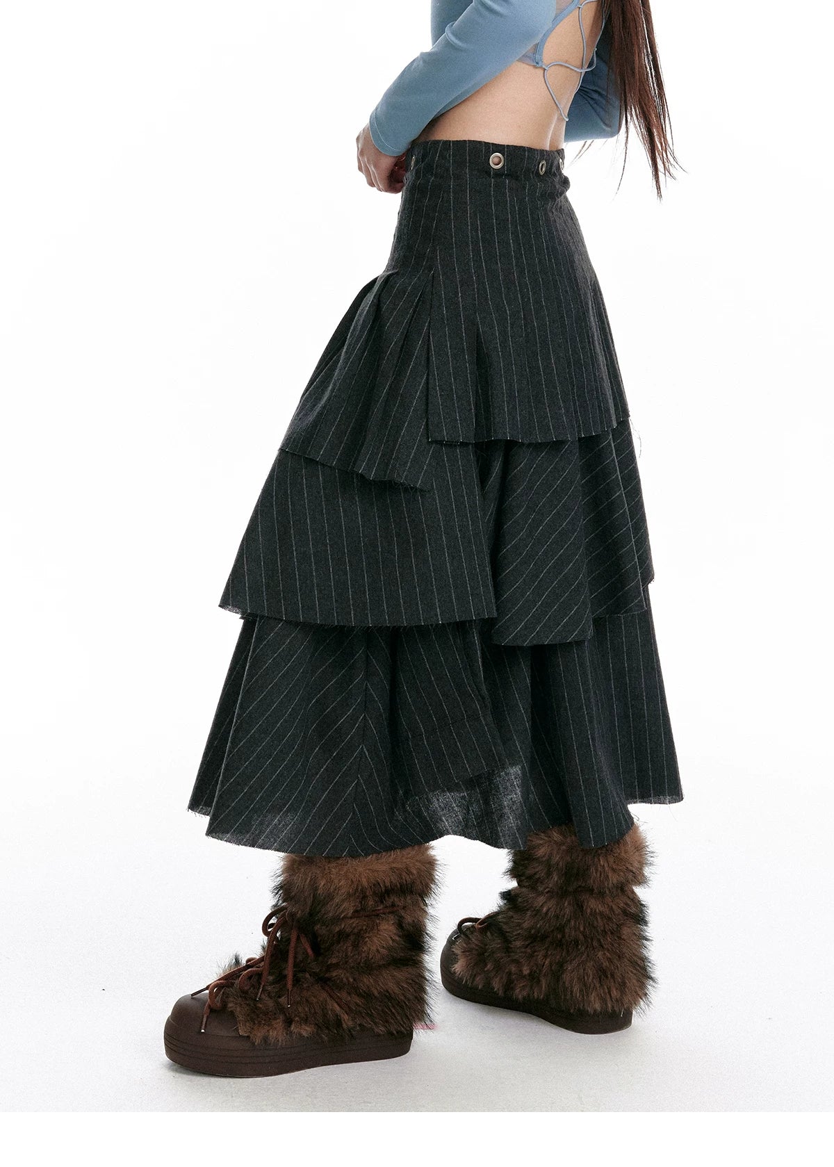 Textured Asymmetrical Striped Midi Ruffle Skirt
