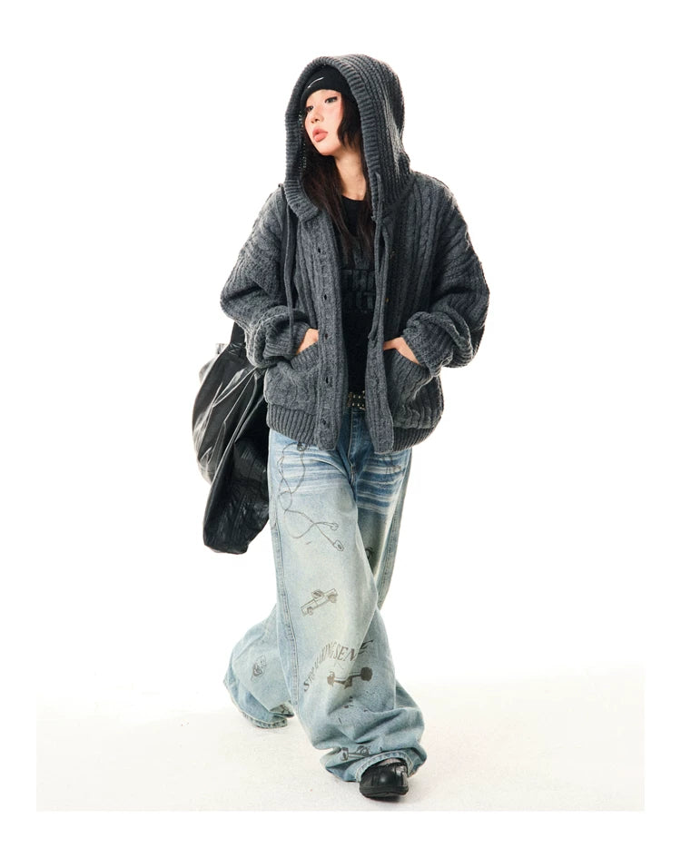 Hooded Button Oversize Cable Knit Cardigan