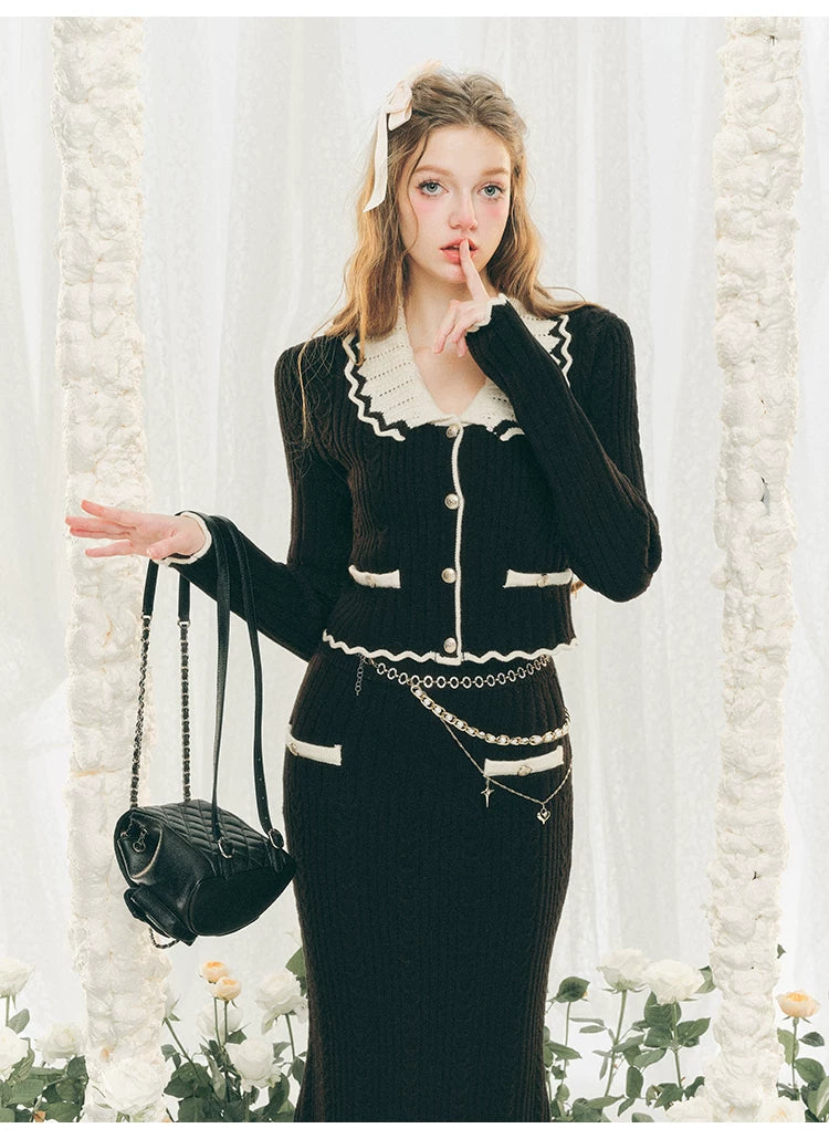 Ensemble cardigan en tricot à grand col et jupe moulante