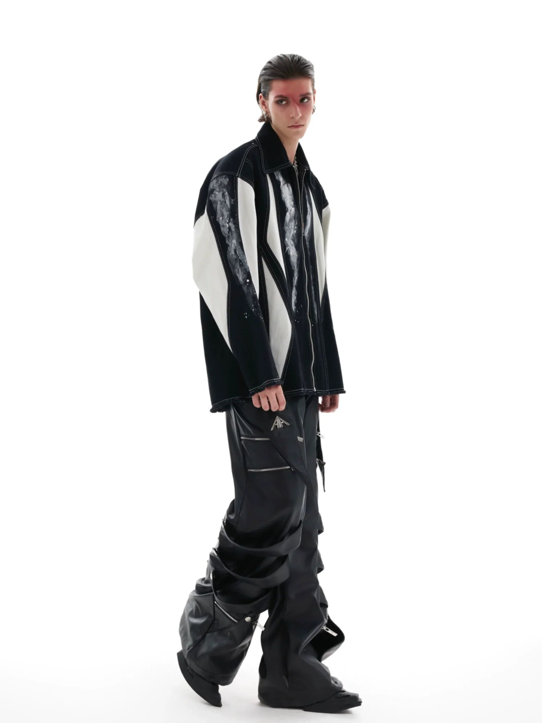 Contrasting Ink Dye Shoulder Pad Patchwork Zipper Jacket
