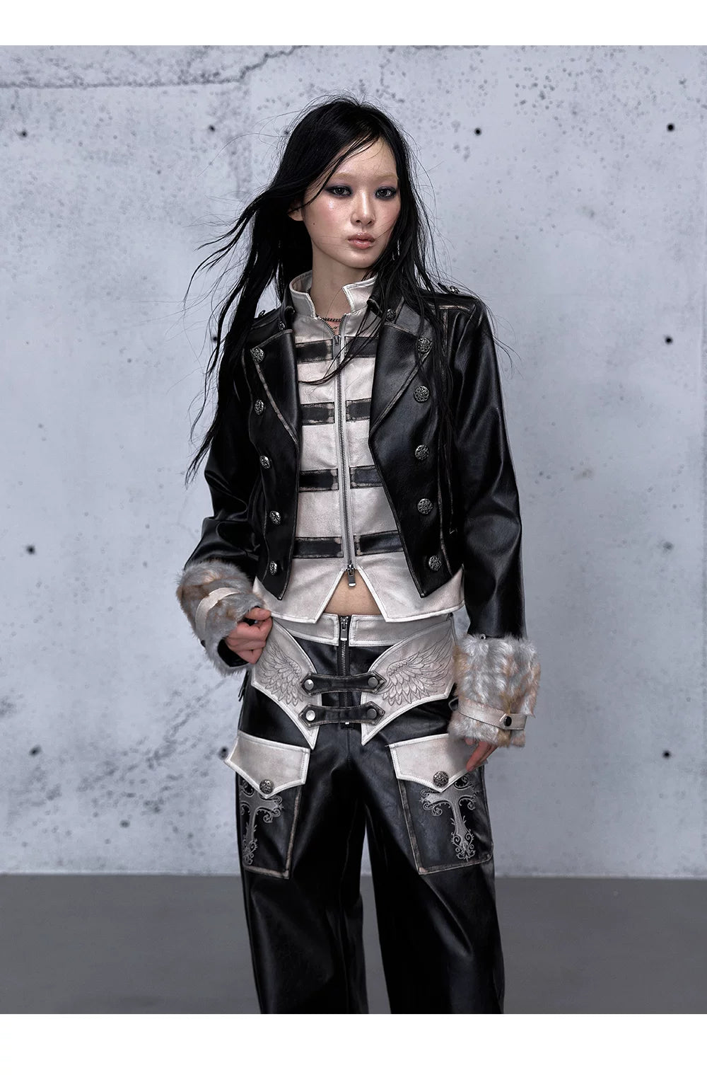 Standing-Collar Belt Detail Fake Fur Cuff PU Leather Jacket