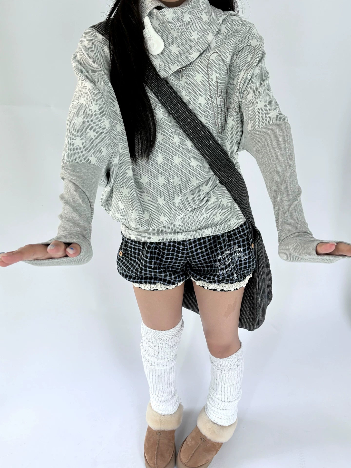 Star Print Asymmetrical High-Neck Long Sleeve T-Shirt