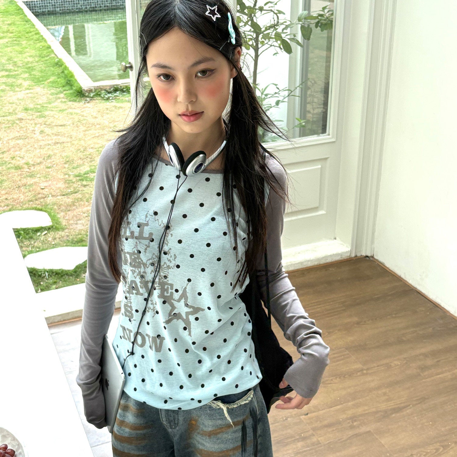 Polka Dot Letter Print Fake Layered Fitted Long Sleeve T-Shirt