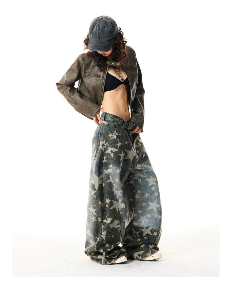 Star Print Damage Wide Leg Denim Jeans