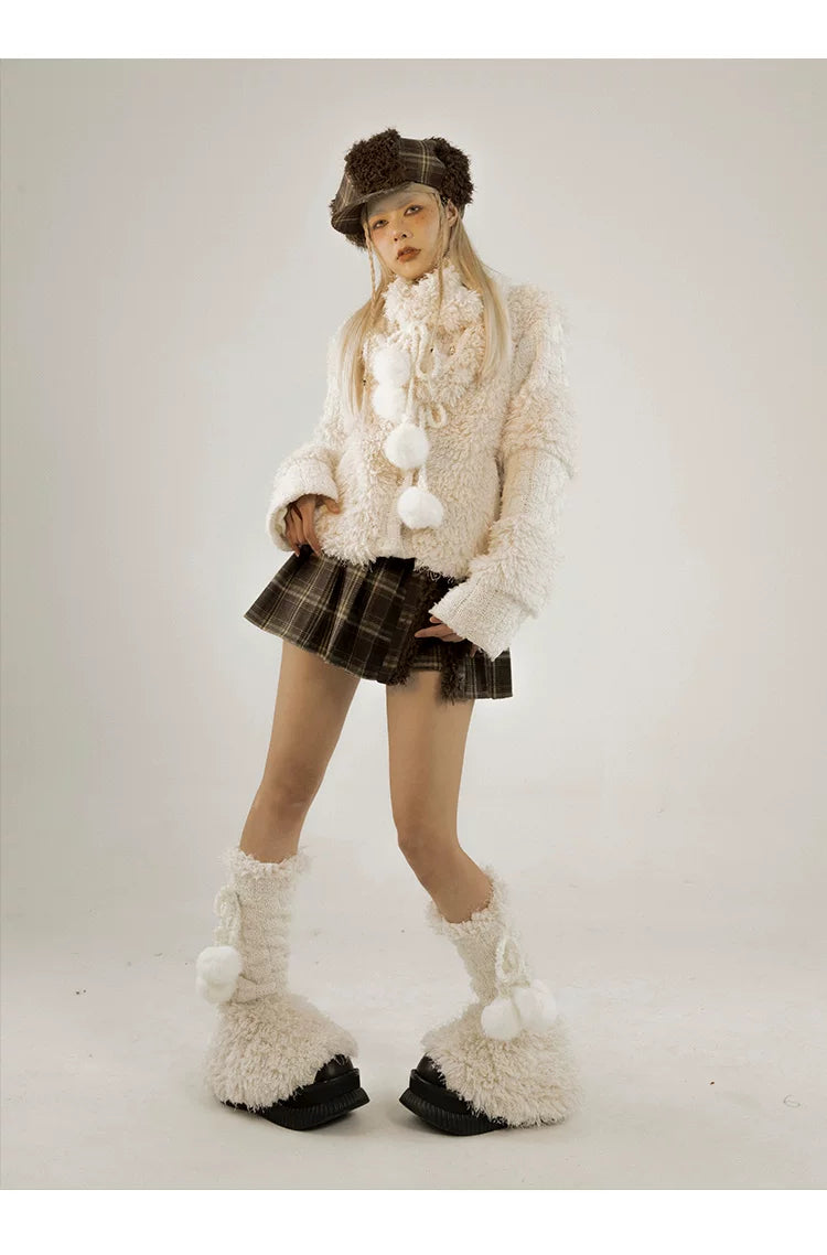 Fleece Lining Soft Fuzzy Knit Cardigan & Half Skirt Setup