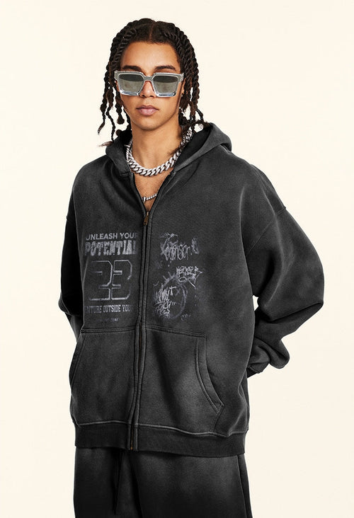 Oversize-Hoodie mit Reißverschluss im Graffiti-Design - Schwarz / S