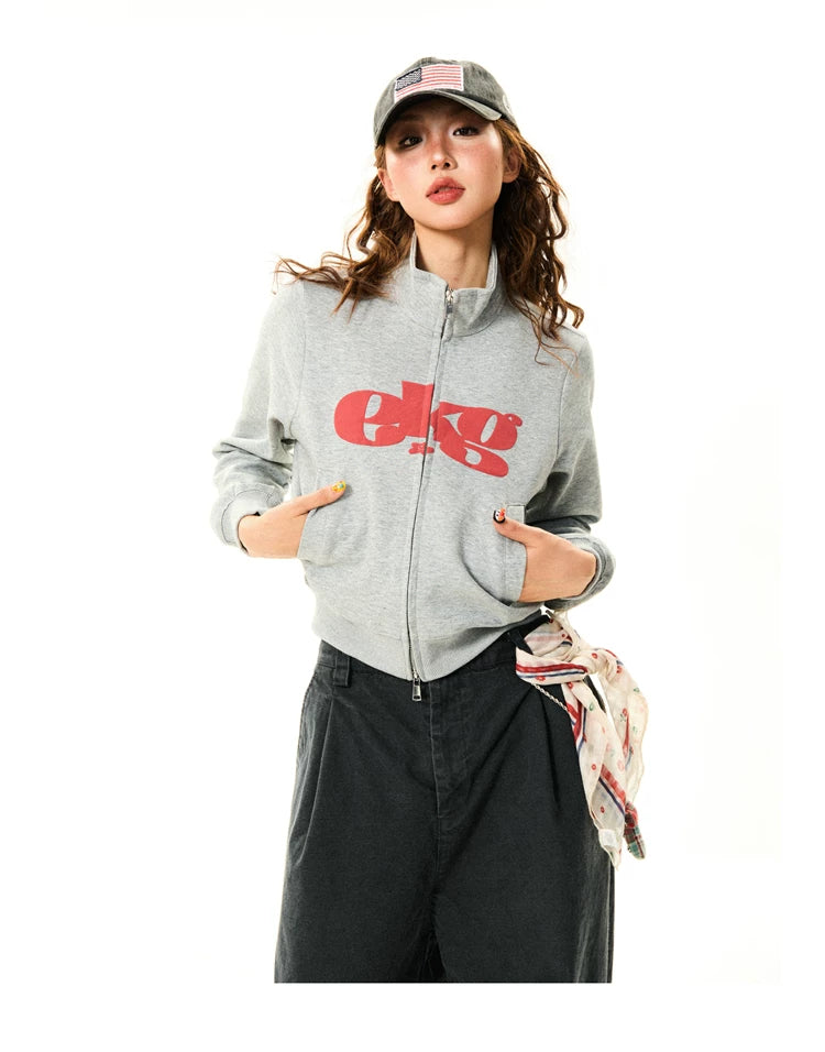 Letter Print Fitted Zipper Hoodie