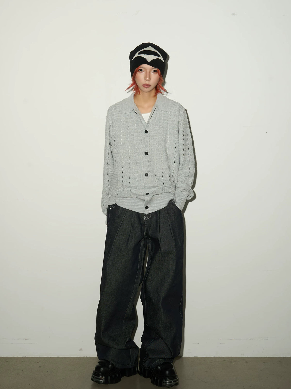 Hollow Textured Lapel Knit Cardigan