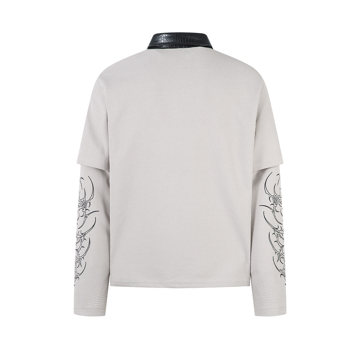 PU Leather Collar Thorn Print Fake Layered Long Sleeve Polo Shirt